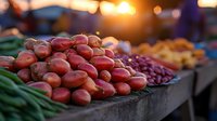 Fresh red tomatoes piled high at outdoor farmers market stall with green vegetables and warm sunset bokeh lighting in background, selective focus on produce.