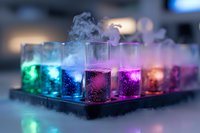 Colorful illuminated laboratory beakers with bubbling liquid and smoke creating mystical scientific atmosphere, arranged in row showing rainbow spectrum of glowing chemicals.