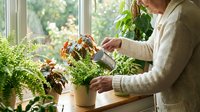 Woman watering houseplants on sunny windowsill with green foliage creating peaceful indoor gardening scene for home decor and plant care lifestyle.