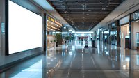 Empty shopping mall corridor with blank white billboard mockup, reflective floor, and modern retail storefronts. Blurred people walking in background. Ideal for advertising display.