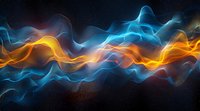 Abstract glowing waves in orange and blue colors flowing against dark background, creating dynamic energy effect with light trails and smoke-like motion.