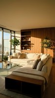 Modern living room with cream sectional sofa, wooden wall paneling, built-in shelving, potted plants, glass coffee table, and floor-to-ceiling windows with city views.