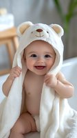 Smiling baby wearing white teddy bear hooded towel after bath time, sitting on white surface. Bright natural lighting creates soft, gentle mood for parenting and care concept.