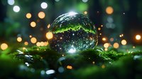 Crystal ball nestled in dewy moss captures magical bokeh lights and reflections, creating ethereal forest atmosphere with glowing orbs and mystical green nature setting.