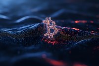 Glowing bitcoin symbol emerging from digital wave landscape with red and blue particles, creating futuristic cryptocurrency visualization on dark background.