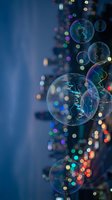 Floating soap bubbles with colorful bokeh lights creating magical atmosphere on blue background for creative design projects and artistic concepts.