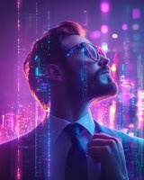 Caucasian businessman in suit and glasses against futuristic neon cityscape background with purple and blue lights, side profile portrait showing confidence.