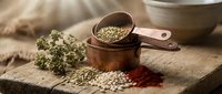 Rustic copper measuring cups filled with aromatic spices on a wooden surface, surrounded by herbs, fennel seeds, paprika, and white pepper.