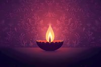 Glowing oil lamp with flame against ornate damask pattern background in warm purple and red tones, suitable for spiritual and wellness designs.