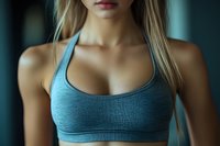 Athletic young Caucasian woman in teal sports bra, cropped view focusing on torso and neckline. Moody lighting creates dramatic fitness atmosphere.