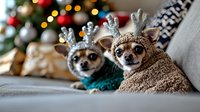 Two Chihuahua dogs wearing reindeer antler costumes and cozy winter sweaters relaxing on sofa with Christmas tree and holiday lights creating festive atmosphere in background.