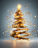 Abstract golden spiral Christmas tree with glowing star and sparkles on gray background. Festive ribbon swirls creating magical holiday composition.