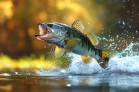 Largemouth bass leaping from water with splashing droplets against golden bokeh background, dramatic action moment showing fish jumping above lake surface.