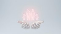 Glowing family silhouettes floating above open hands symbolizing care, protection, and support for loved ones. Use for family insurance, healthcare, and welfare concepts.