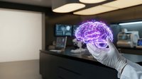Medical professional holding holographic brain model in modern laboratory for neuroscience research and healthcare technology applications.