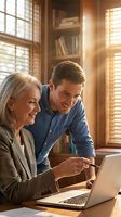 Adult woman with gray hair and light skin tone wearing beige blazer and adult man with dark hair and light skin tone wearing blue shirt collaborating at laptop in warm sunlit home office with wooden shelves and windows.