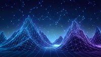 Digital wireframe mountain landscape with glowing blue and purple neon lines against starry night sky. Futuristic cyber terrain for technology concepts.