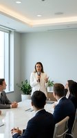 Professional businesswoman presenting to corporate team in modern conference room with microphone during meeting for leadership training and communication.
