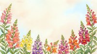 Watercolor snapdragon flowers border in pink, yellow, purple and orange on soft pastel background with copy space for greeting cards.
