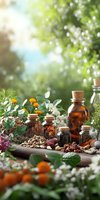 Natural medicine bottles with dried herbs, flowers and berries on wooden surface. Holistic healing ingredients in sunlit garden setting with fresh blooms and greenery.