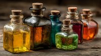 Collection of vintage glass bottles with cork stoppers containing colorful liquids on rustic wooden surface for apothecary and alchemy themed designs.