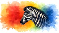 Zebra head profile against vibrant rainbow watercolor background, black and white stripes detailed portrait showing wild African animal nature.