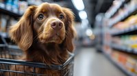 Brown dog with floppy ears sitting in shopping cart in grocery store aisle with blurred shelves background, pet shopping concept.