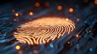 Glowing orange fingerprint pattern integrated with digital circuit board elements against dark background, representing biometric security technology.