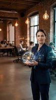 Professional businesswoman holding holographic globe with data analytics in modern brick office space with pendant lighting and coworking environment.