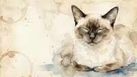 Siamese cat with cream and brown coloring resting on aged beige background with watercolor splashes and coffee stains, suitable for vintage pet art, greeting cards, and home decor prints.