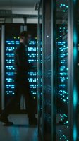 Modern data center server room with glowing blue LED lights on network equipment racks for cloud computing and digital infrastructure technology solutions.