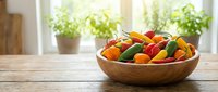 Fresh colorful vegetables in wooden bowl on kitchen counter with herbs in background. Healthy eating and cooking concept for organic food lifestyle.