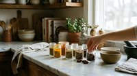 Cozy kitchen scene with woman's hand reaching for natural honey jars and homemade preserves on rustic wooden counter near sunny window with plants.