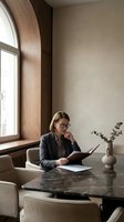Professional businesswoman reading documents at modern office table near window with natural light and minimalist decor for corporate presentations.