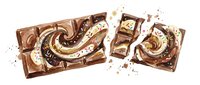Melted chocolate and caramel swirl on brown tiles with splashing liquid and crumbs, isolated on white background for design and advertising use.