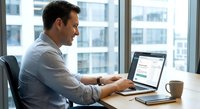 Professional businessman working on laptop computer in modern office with city view background for corporate business presentations.