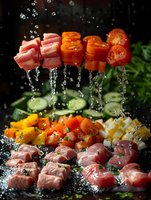 Raw tuna and salmon pieces with fresh vegetables on dark background, water drops splashing, dramatic lighting for restaurant menu and food advertising.