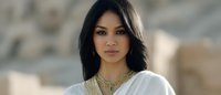 Young woman with long dark hair wearing white ethnic dress and turquoise necklace against blurred desert background, looking at camera with serene expression.