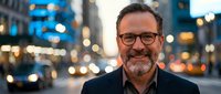 Smiling middle-aged Caucasian businessman with glasses and beard standing on urban street at dusk with blurred city lights background for corporate portraits.