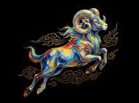 Ornate celestial ram with curved horns leaping through decorative clouds, featuring blue, gold, and red colors. Isolated on transparent background, ready for t-shirts, clipart, stickers, sublimation, and print-on-demand designs.