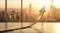 Upward trending arrow overlays cityscape skyline at sunset, symbolizing financial growth, business success, and market expansion opportunities.