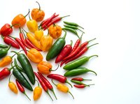 Assorted fresh chili peppers and habaneros isolated on white background, ready for culinary design, food packaging, and recipe content.