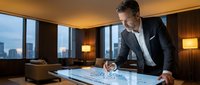 Mature male professional in formal business attire reviewing architectural blueprints at modern office desk with city skyline views through floor-to-ceiling windows, suitable for corporate and business concepts.