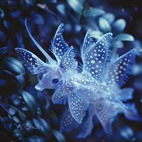 Mystical glowing butterfly dragon with translucent spotted wings in deep blue moonlight garden setting, fantasy creature with ethereal luminescent patterns.