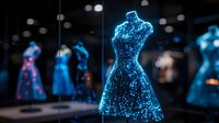 Glowing blue hologram dress form in dark exhibition space with illuminated mannequins in background creating futuristic fashion display atmosphere.