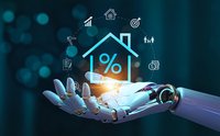 Robotic hand holding glowing house with percentage symbol and financial icons for mortgage lending and real estate investment concepts.