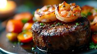 Grilled beef tenderloin steak topped with seasoned jumbo shrimp, served with colorful cherry tomatoes and fresh herbs on dark plate, close up view with selective focus.