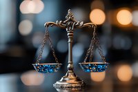 Decorative scales of justice with ornate silver metalwork and blue gemstone accents against blurred bokeh background, symbolizing law, balance and judicial system.