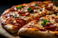 Fresh baked pizza slices with melted cheese, tomato sauce and herbs on wooden board. Delicious Italian cuisine for restaurant menu and food advertising.