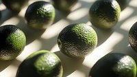 Fresh whole limes scattered on white surface with dramatic diagonal shadows creating modern minimalist food composition with natural lighting.